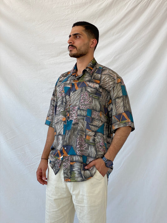 Vintage Santana Abstract Men’s Oversized Silk Button-Up Shirt - L