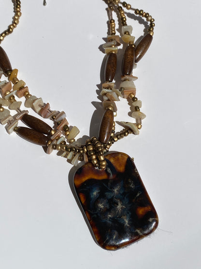 Vintage Boho Wood Shell Faux Tortoiseshell Pendant Necklace