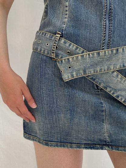 Vintage Y2K X-Mail Belted Zip Front Short Sleeve Denim Dress – M