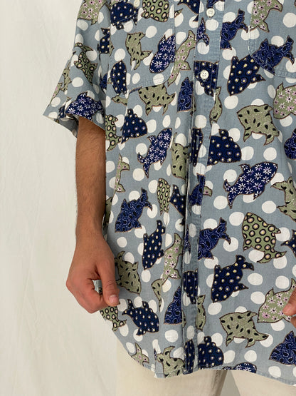 Vintage Guess Abstract Polka Dot Fish Print Blue Cotton Shirt – XL