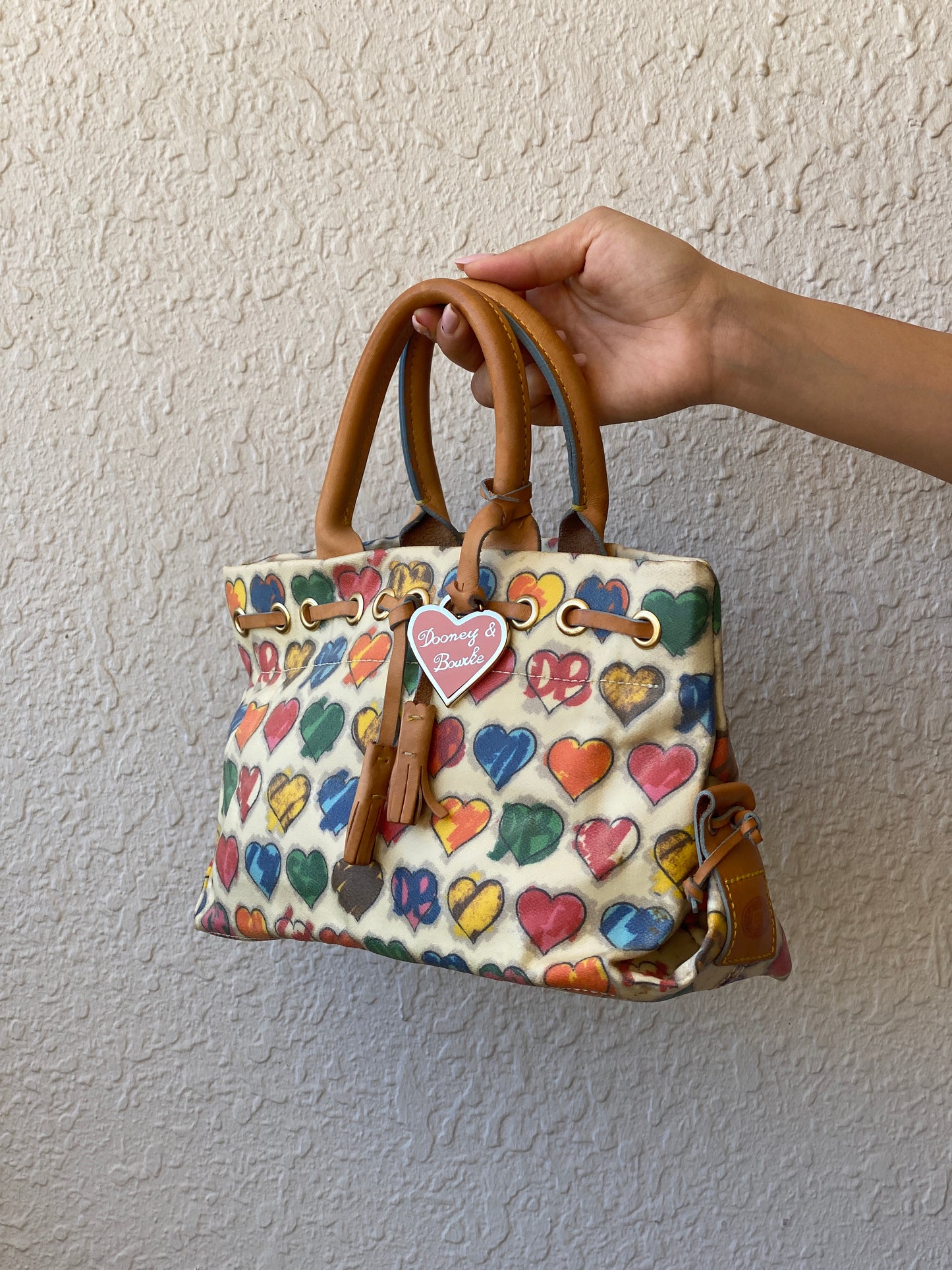 Vintage Dooney & Bourke Crayon Hearts Leather Tassel Satchel