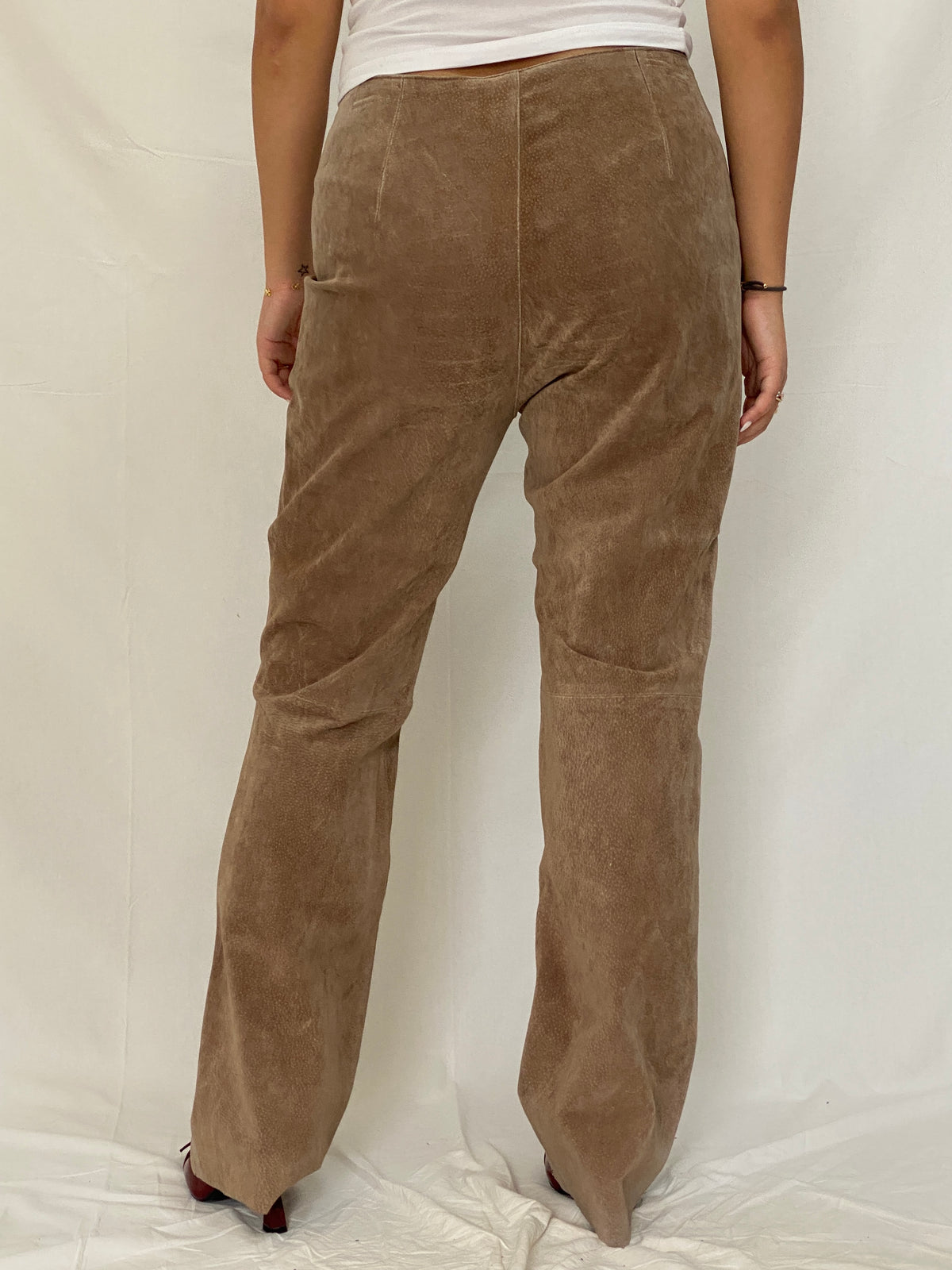 Vintage Live a Little Genuine Suede Pants Tan High-Waist Straight-Leg Trousers- L Vintage Live a Little Genuine Suede Pants Tan High-Waist Straight-Leg Trousers- L