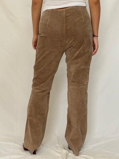 Vintage Live a Little Genuine Suede Pants Tan High-Waist Straight-Leg Trousers- L