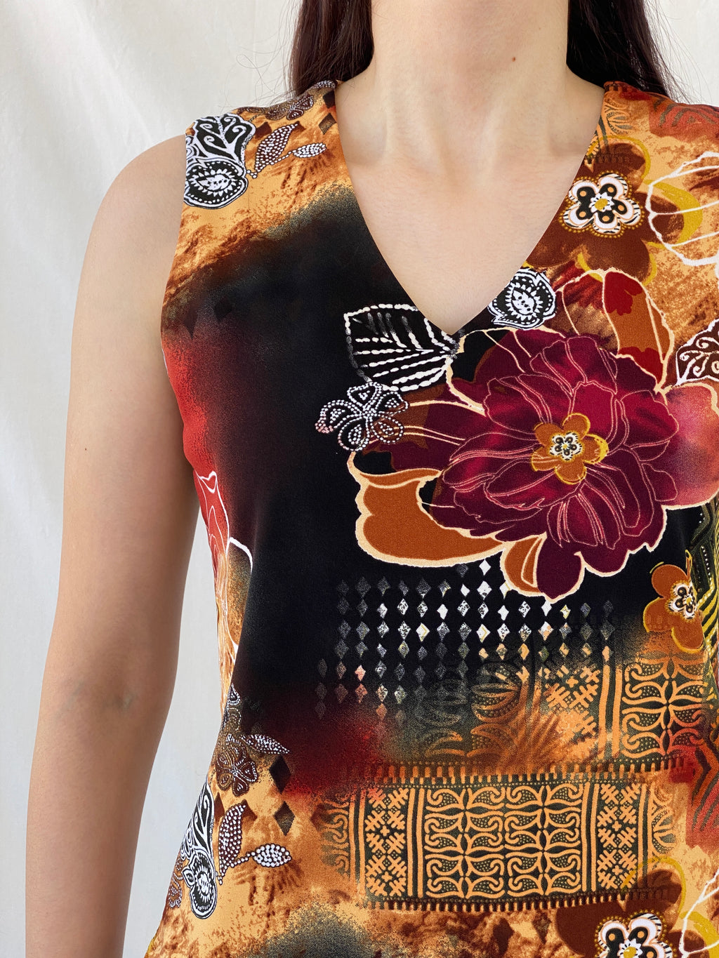 00s Y2K Biaggini Floral V-Neck Sleeveless Top - L