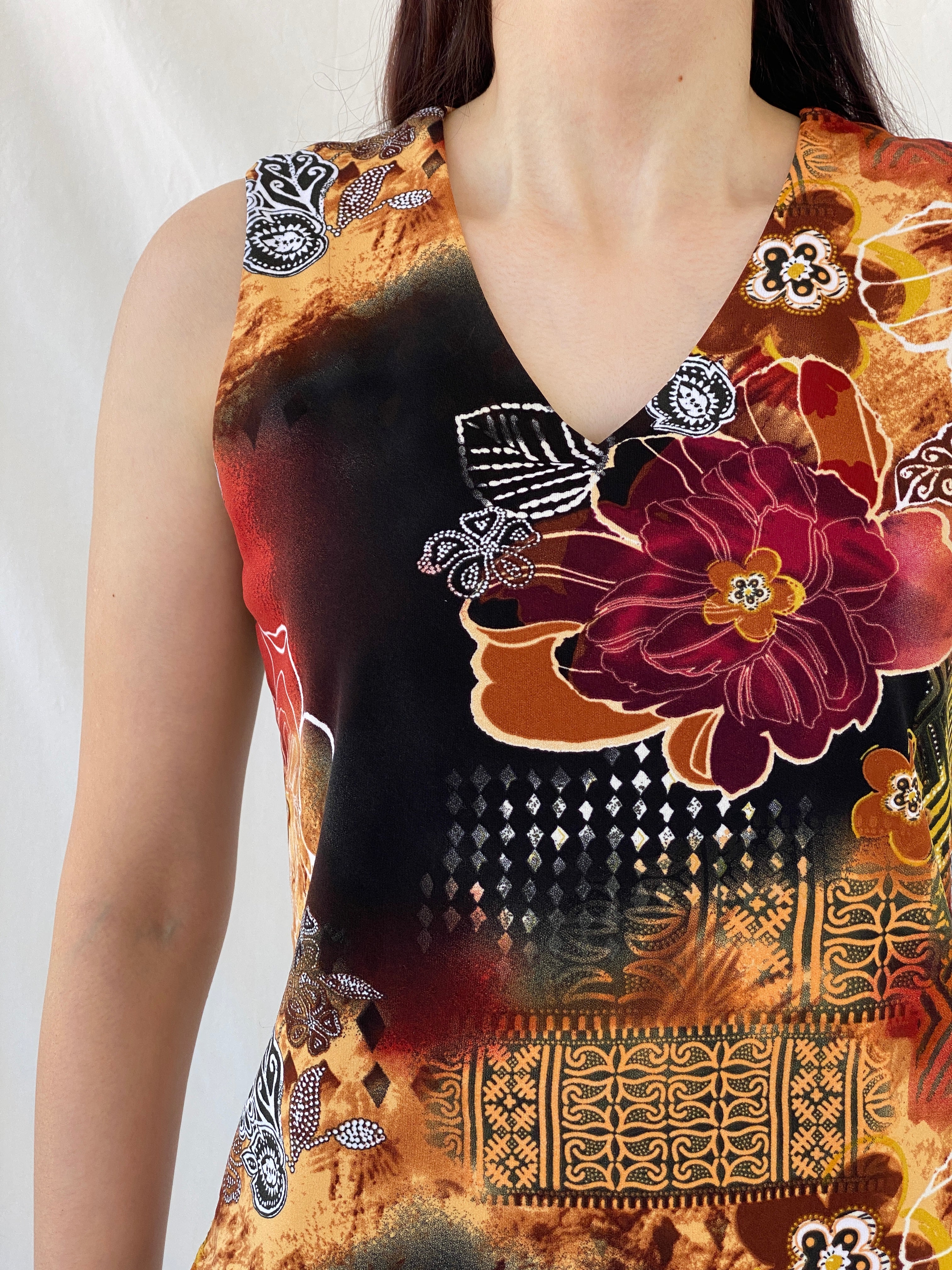 00s Y2K Biaggini Floral V-Neck Sleeveless Top - L