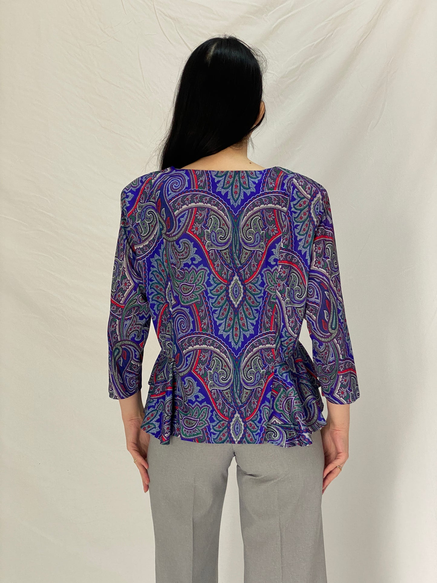 Vintage Amanda Blair Paisley Navy Peplum Satin Blouse Jewel Tone Print with Gold Buttons - L