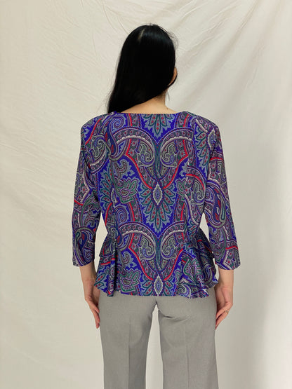Vintage Amanda Blair Paisley Navy Peplum Satin Blouse Jewel Tone Print with Gold Buttons - L