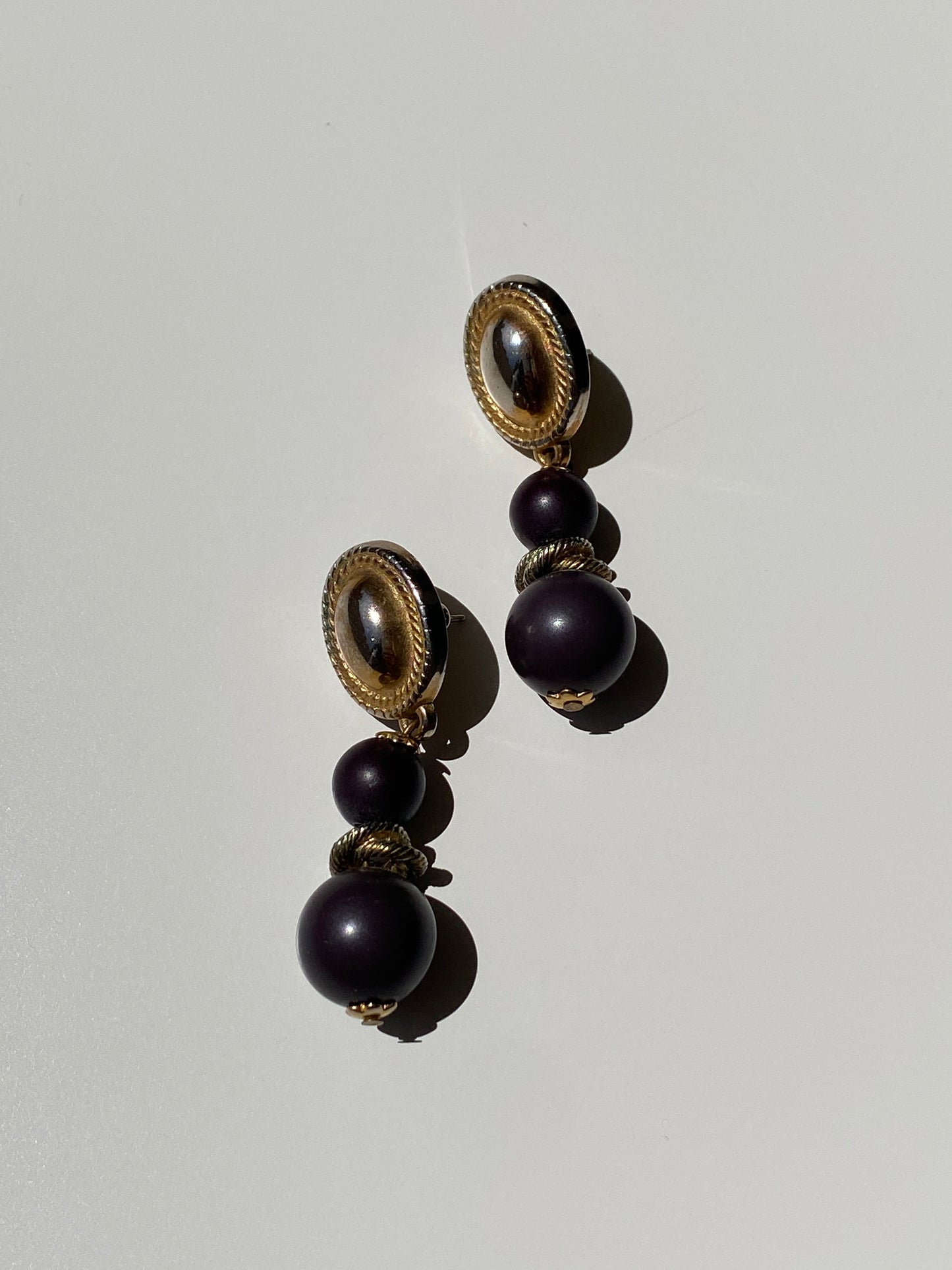 Vintage Gold Oval Rope Stud Dark Purple Black Ball Drop Earrings