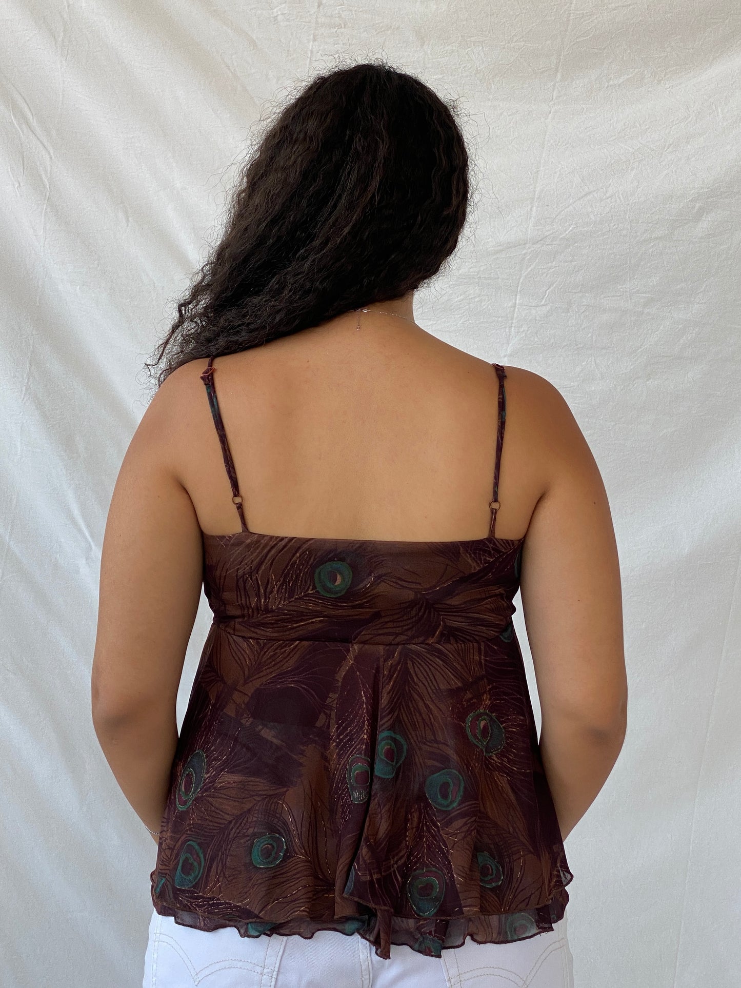 90s My Michelle Boho Peacock Print Brown Sheer Layered Cami - L