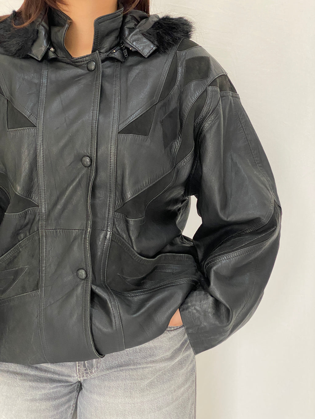 Vintage Black Leather Hooded Jacket with Suede Panels & Faux Fur Trim 90s Italian Style Bomber - L