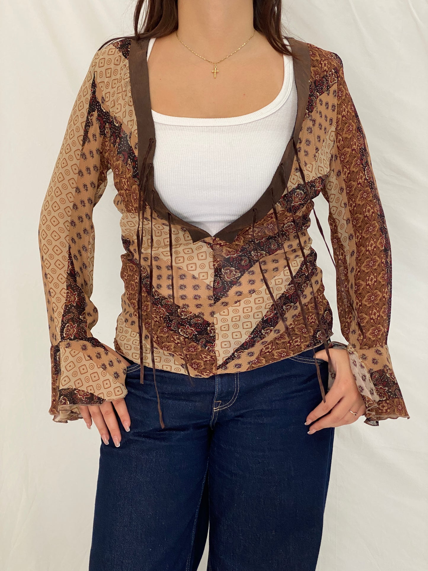 Y2K Vero Moda Brown Paisley Bell Sleeve Tie-Front Deep V-Neck Top - S