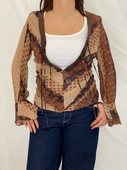 Y2K Vero Moda Brown Paisley Bell Sleeve Tie-Front Deep V-Neck Top - S