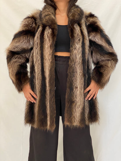 Vintage Real Fur Striped Brown & Black Coat Luxurious Genuine Raccoon Fur Winter Jacket - M