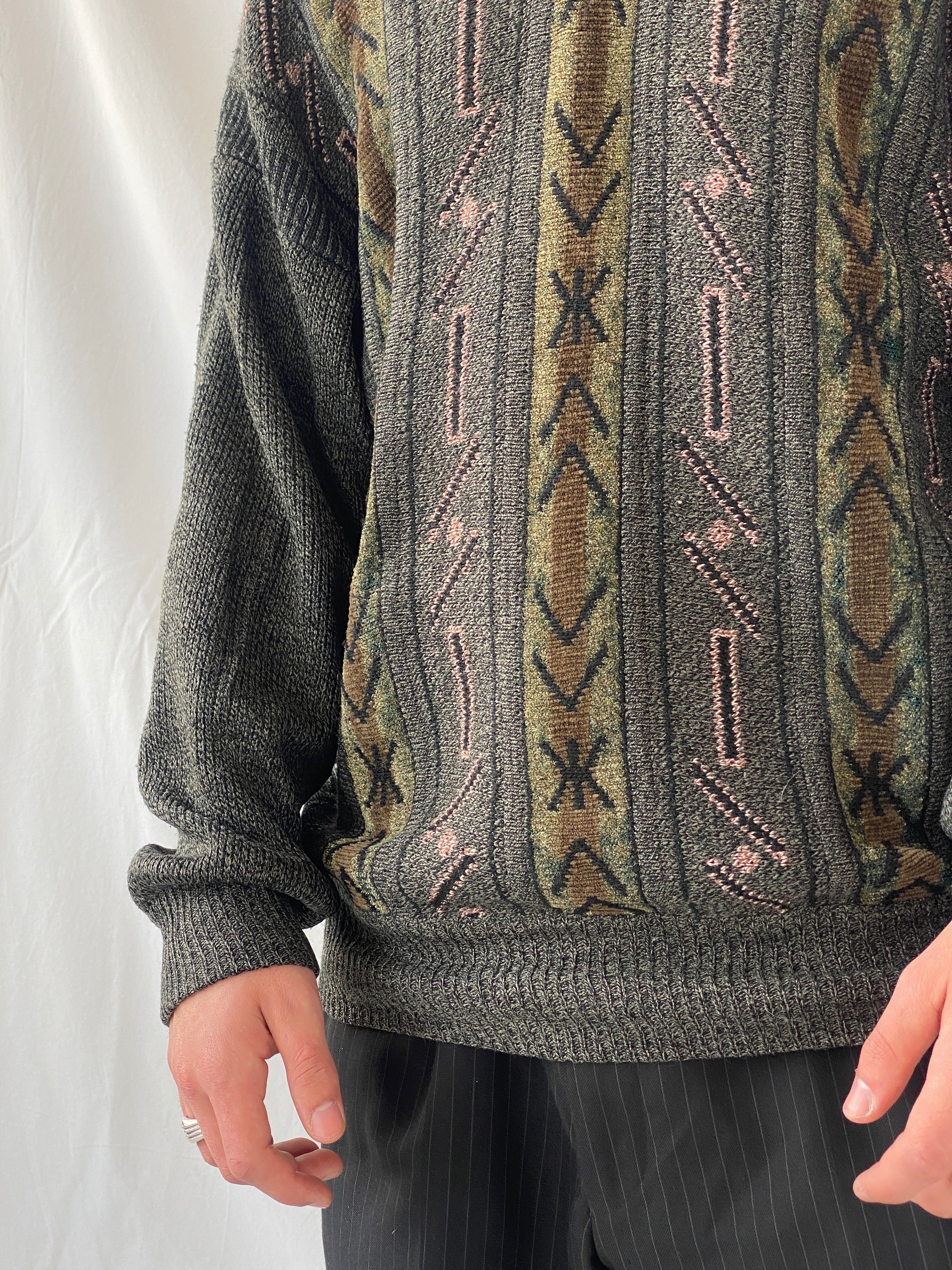 Vintage Men’s Green Knitted Crew Neck Geometric Jumper Sweater - L