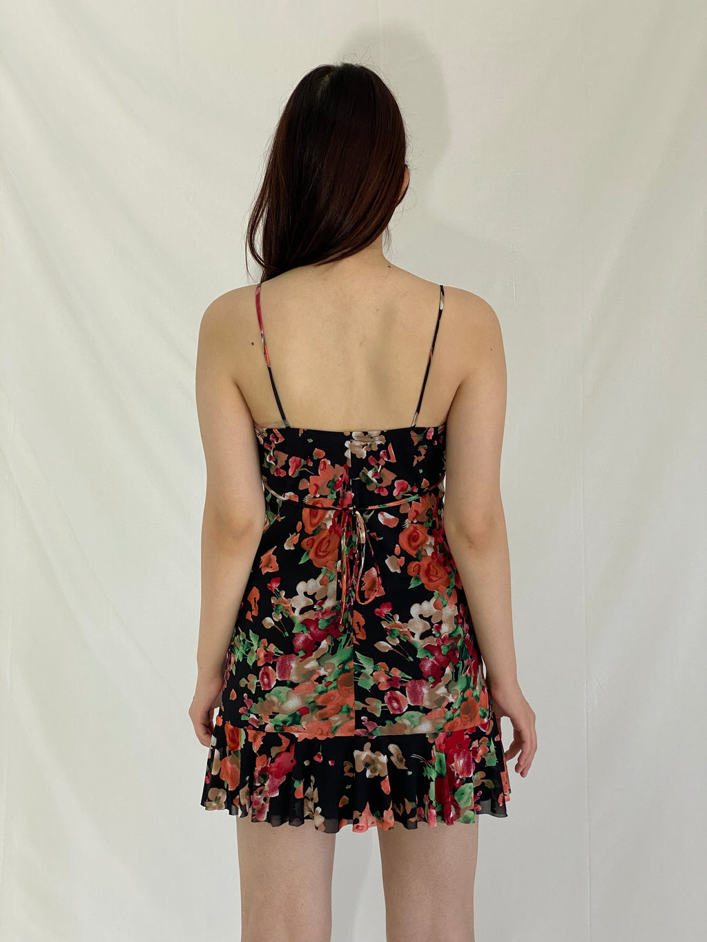 Y2K Floral Print Lace Trim Mini Dress Black with Red & Green Roses - S