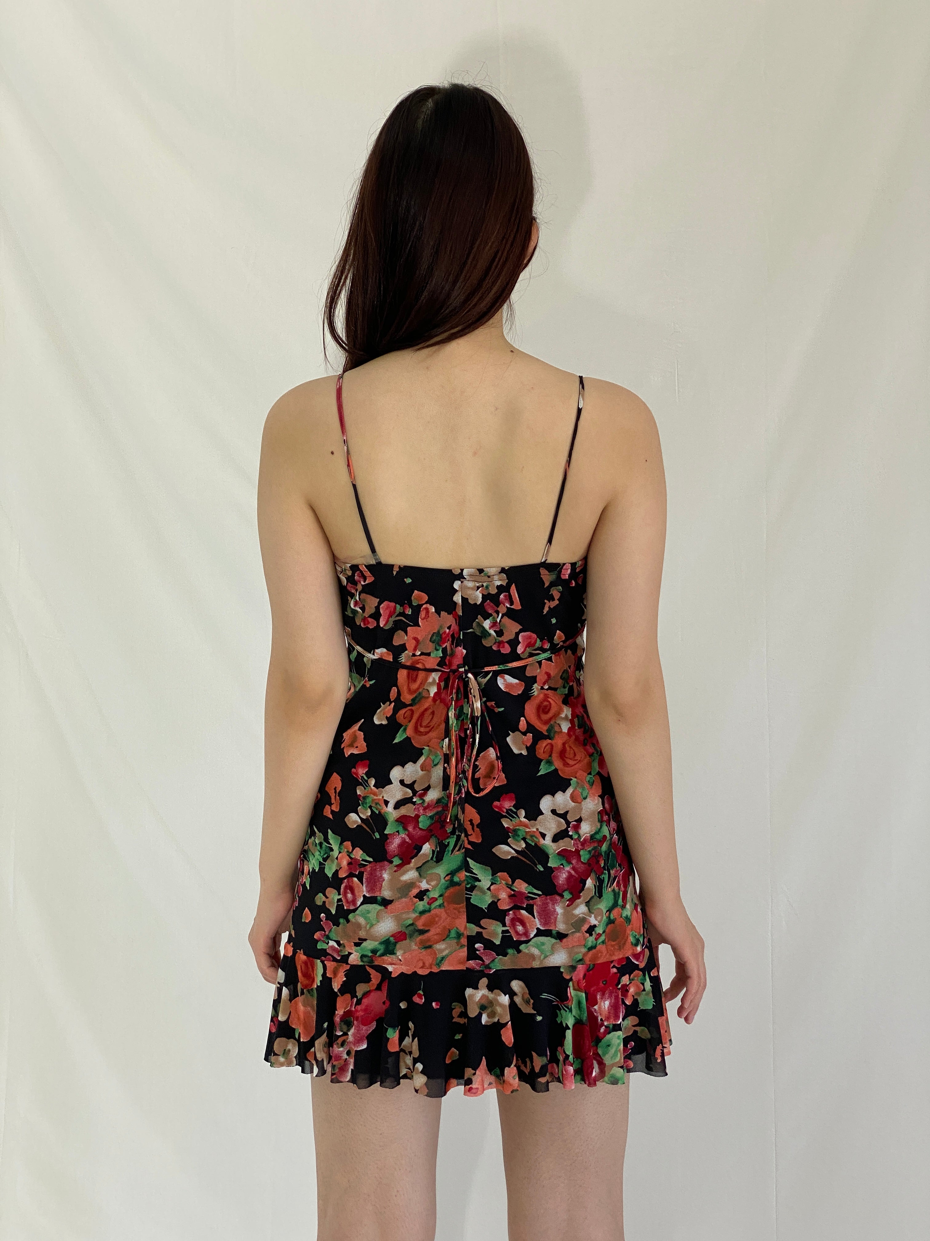 Y2K Floral Print Lace Trim Mini Dress Black with Red & Green Roses - S