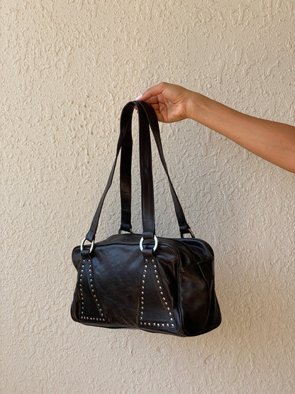 Vintage Black Faux Leather Studded Bowling Shoulder Bag