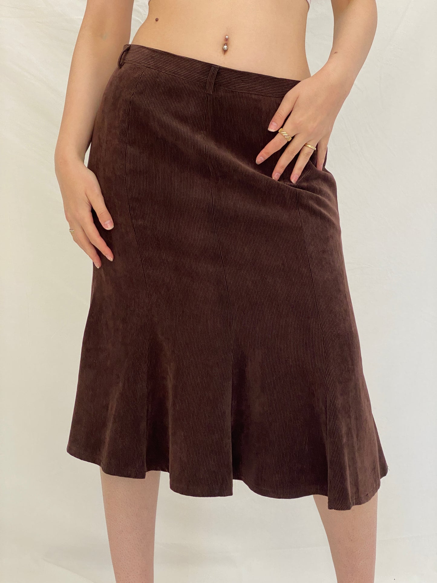 Vintage Late 90s Armani Brown Wool Corduroy A-Line Midi Skirt - L