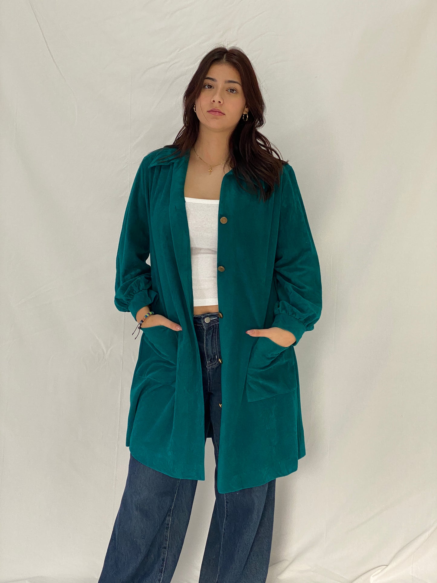 Vintage Vanity Fair Teal Velvet Kimono-Style Jacket with Gold Buttons - L