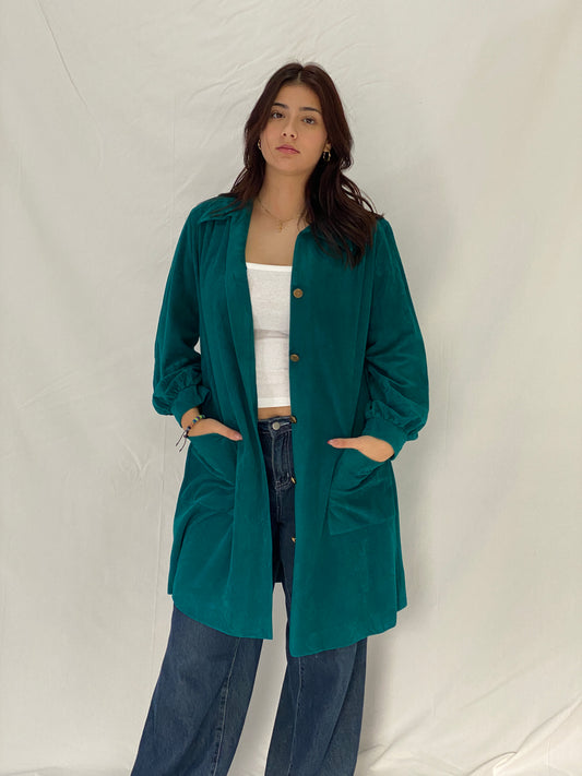 Vintage Vanity Fair Teal Velvet Kimono-Style Jacket with Gold Buttons - L