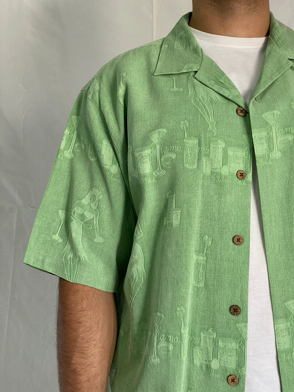 Vintage Tommy Bahama Silk Green Hawaiian Camp Shirt – Cocktail & Hula Print Men’s Shirt - L