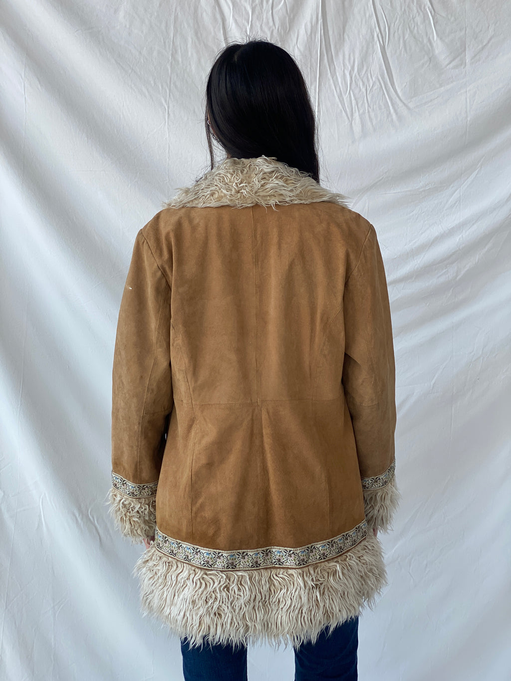 Vintage Y2K Xhilaration Genuine Suede Penny Lane Afghan Style Fur-Lined Floral Embroidered Coat - XL
