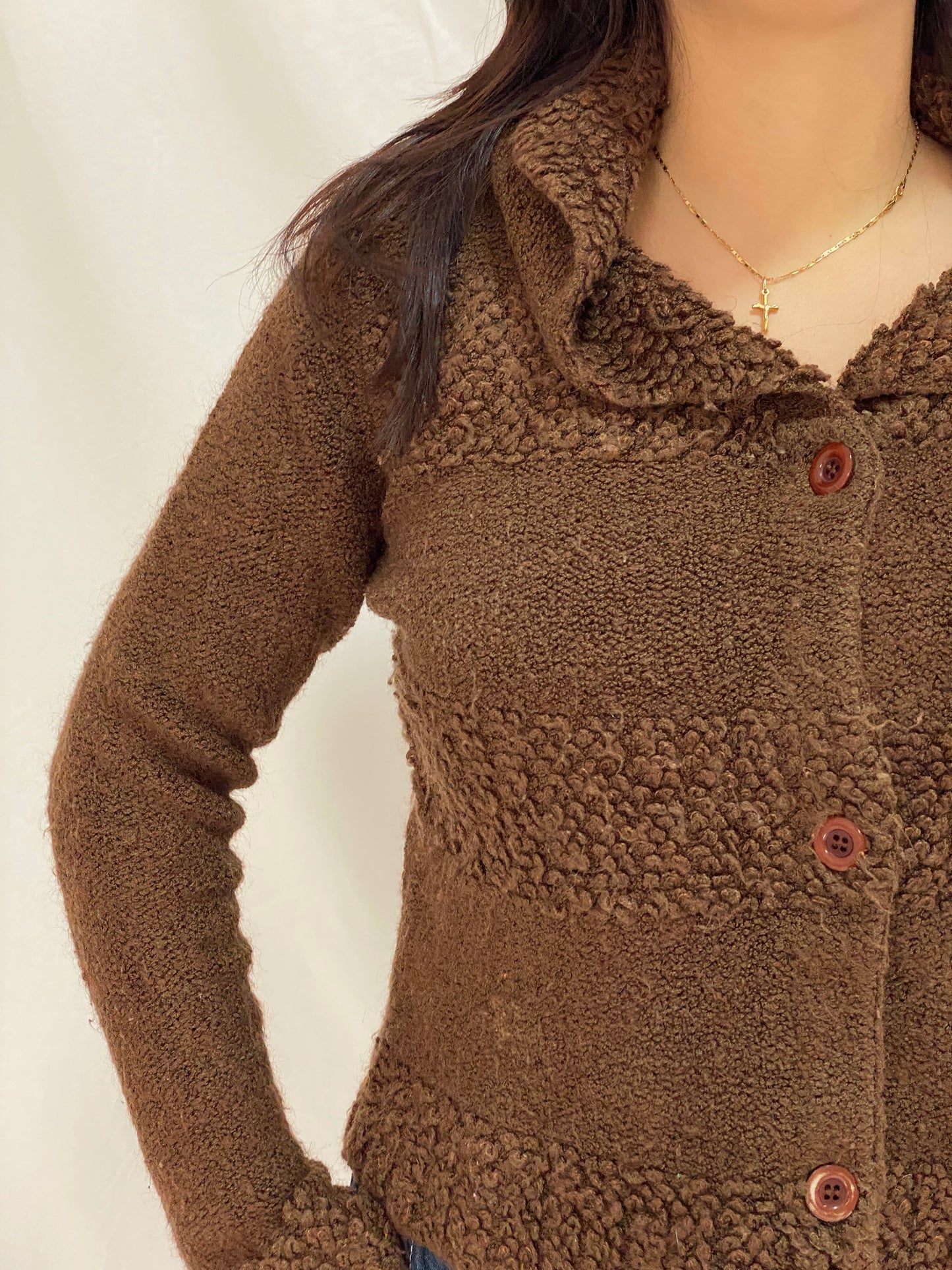 Vintage Brown Teddy Knit Jacket FD Feider Button-Up Cozy Cardigan - M