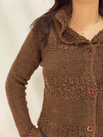 Vintage Brown Teddy Knit Jacket FD Feider Button-Up Cozy Cardigan - M