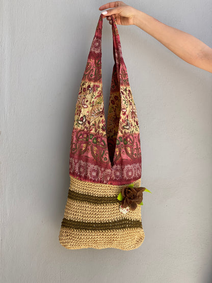 Vintage Boho Patchwork Straw & Paisley Print Tote Bag Floral Detail Shoulder Bag