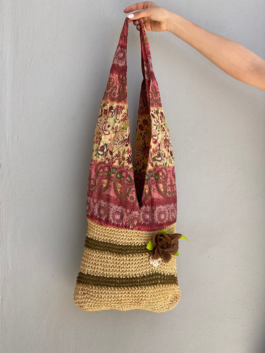 Vintage Boho Patchwork Straw & Paisley Print Tote Bag Floral Detail Shoulder Bag