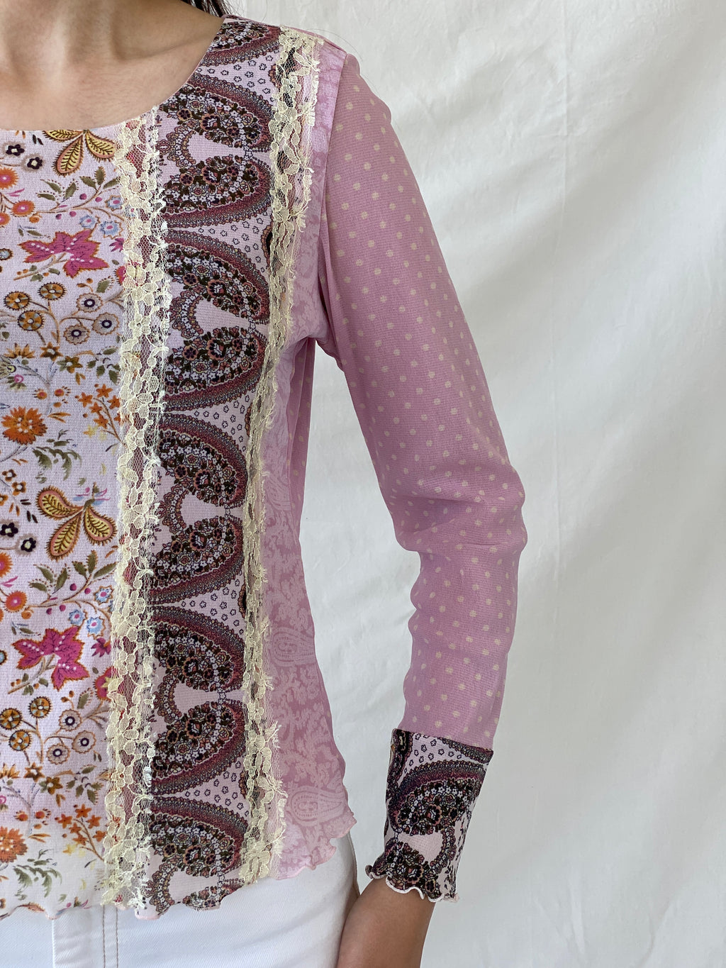 Vintage Taifun Collection Polka Dot Pink Lace Floral Detailing Long Sleeve Girly Coquette Mesh Top - L