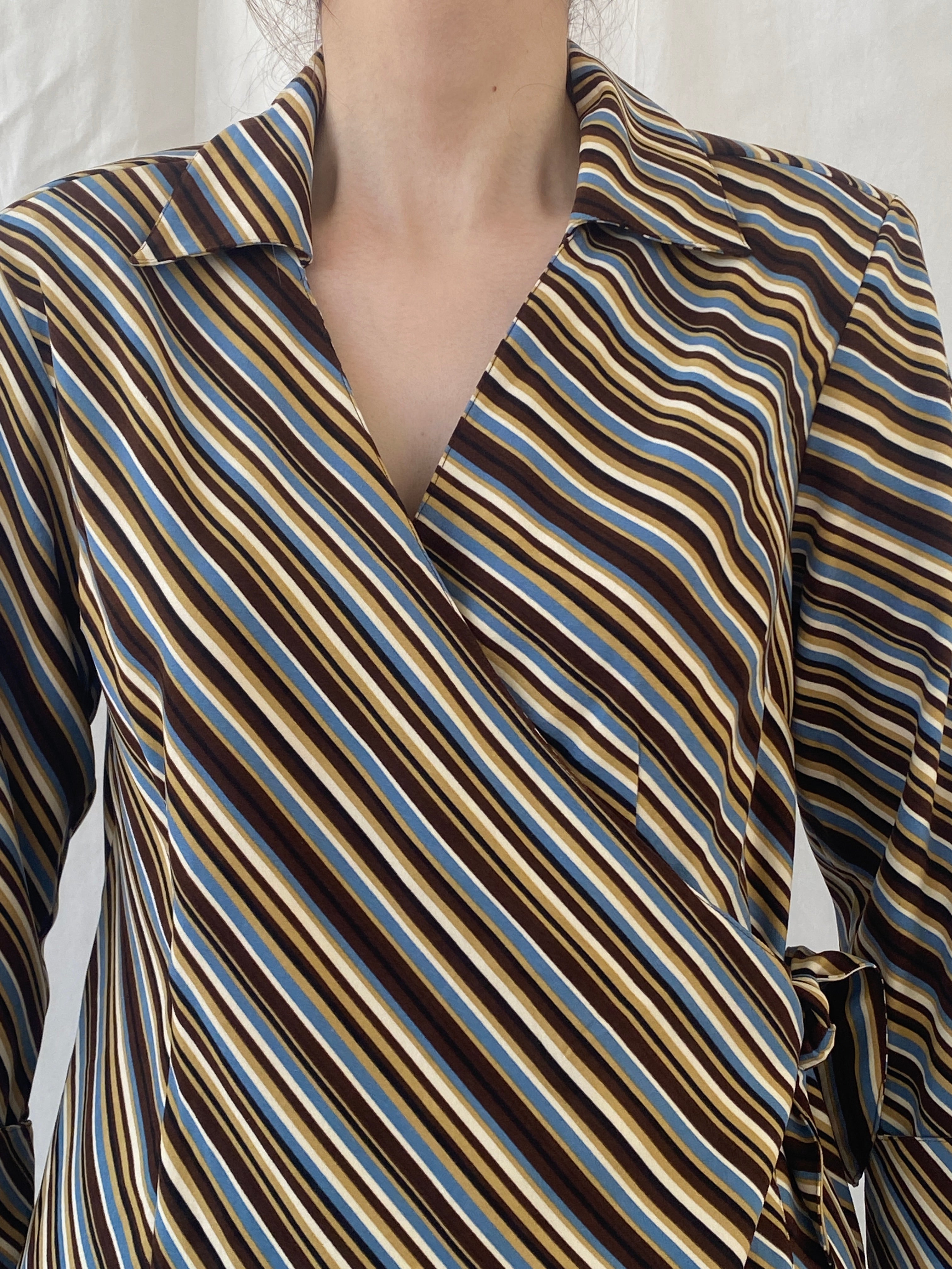 Vintage Selene Sport Striped Multi Colored Shirt Wrap Around Top - M