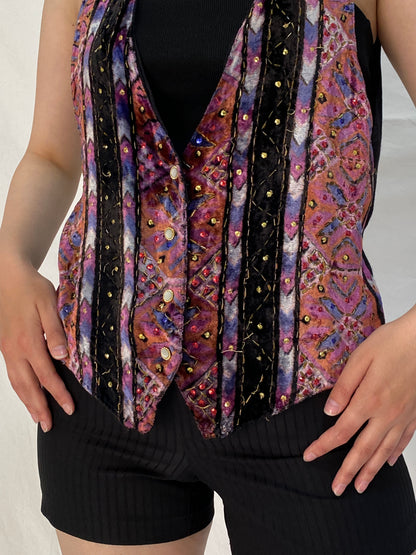 Vintage 90s Jane Ashley Beaded Velvet Boho Purple Multicolor Vest – L