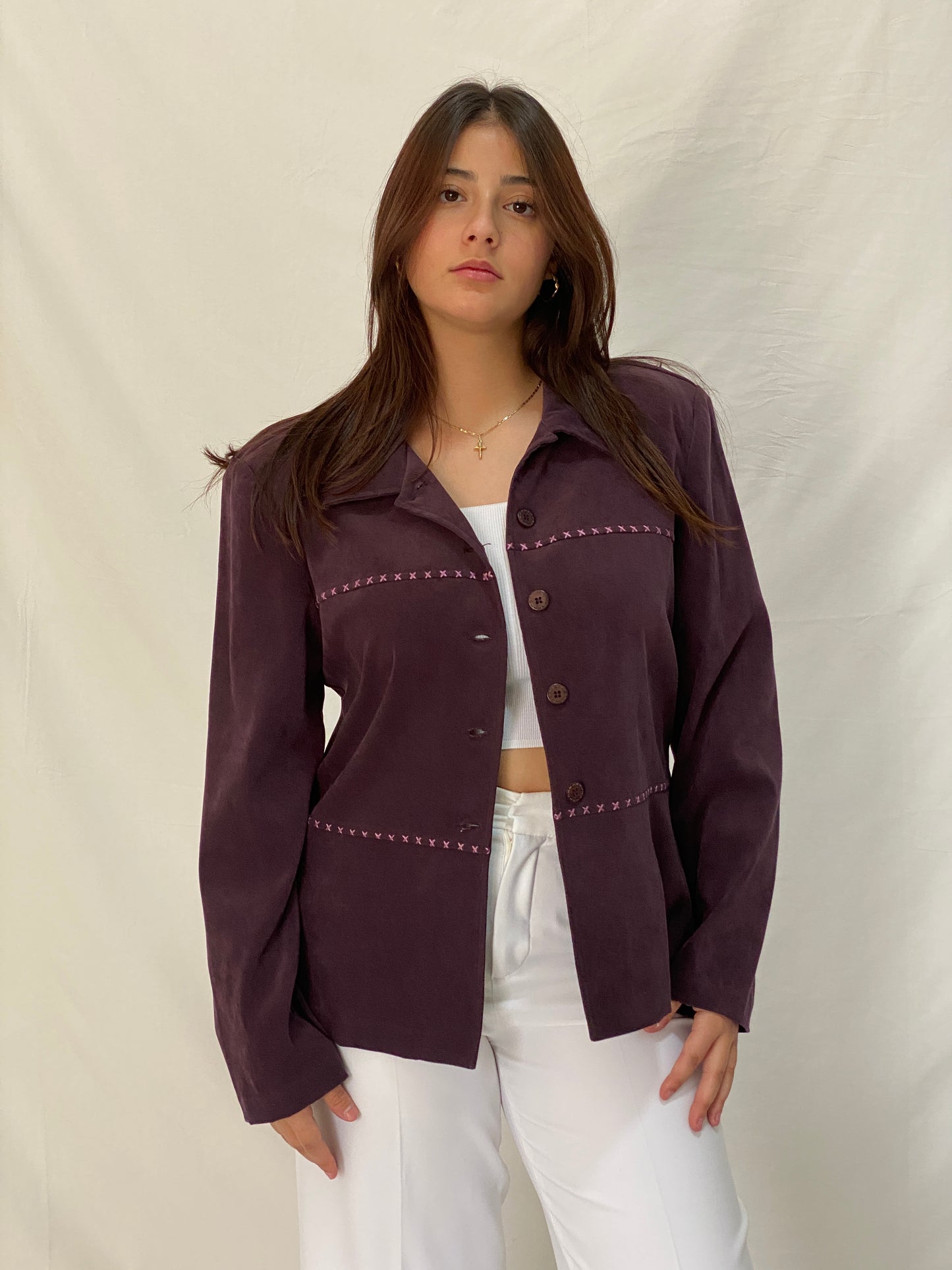 Vintage 90s R&K Originals Faux Suede Jacket Shirt Purple Pink Stitching - XL