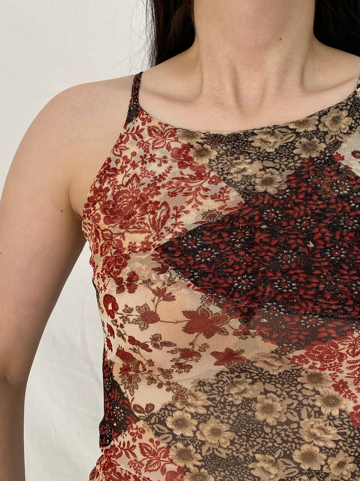 Vintage Y2K Three Brothers Red Floral Mesh Print Cami Top Sheer Stretch Tank - S Vintage Y2K Three Brothers Red Floral Mesh Print Cami Top Sheer Stretch Tank - S