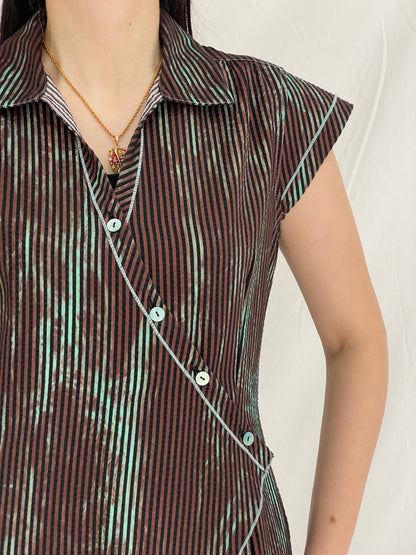 Vintage Y2K Quattro Asymmetrical Striped Wrap Cotton Blend Top with Contrast Stitching - S