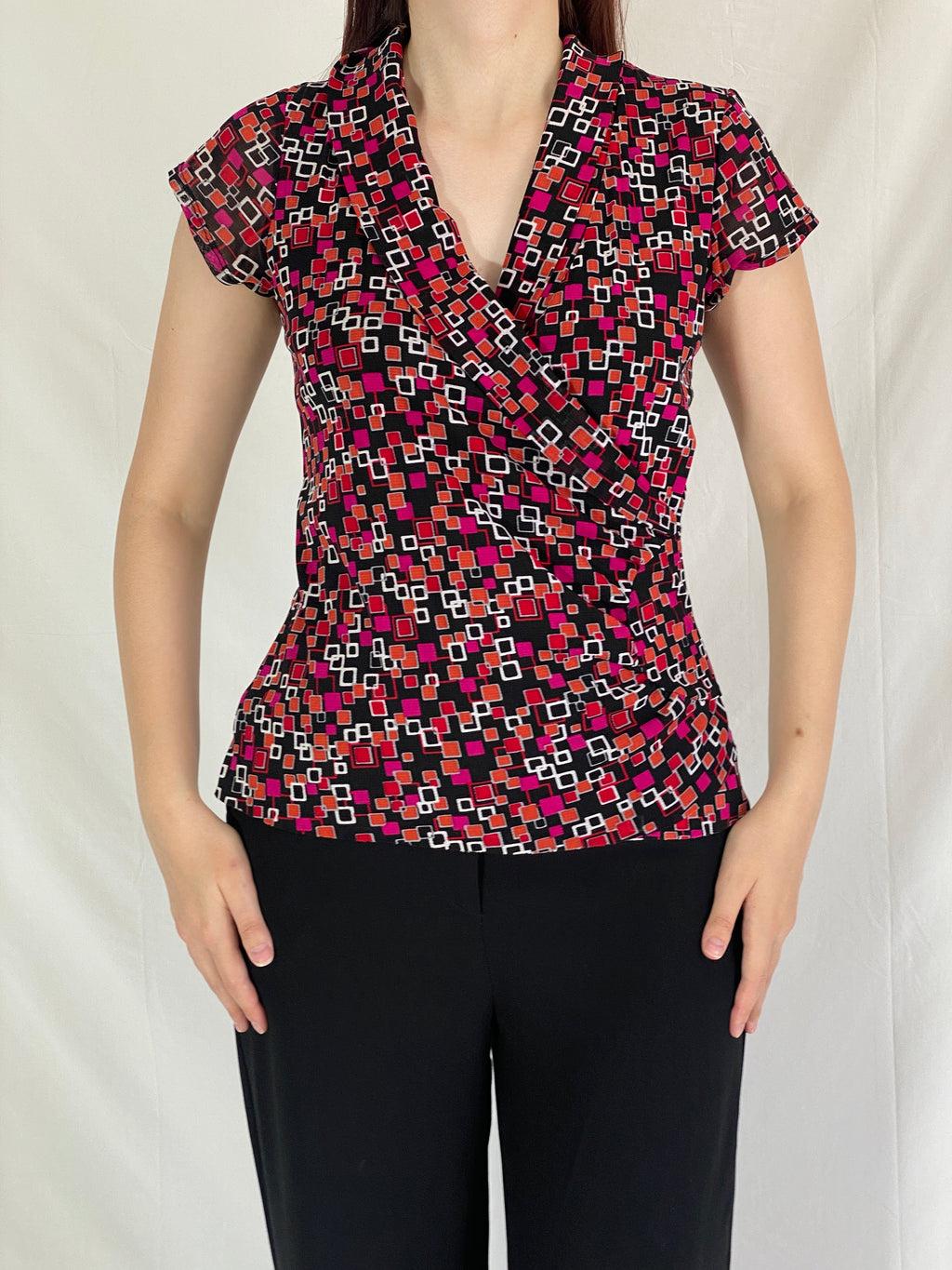 Y2K Marco Polo Ruched Wrap Waist Top Geometric Print Short Sleeve Blouse - M