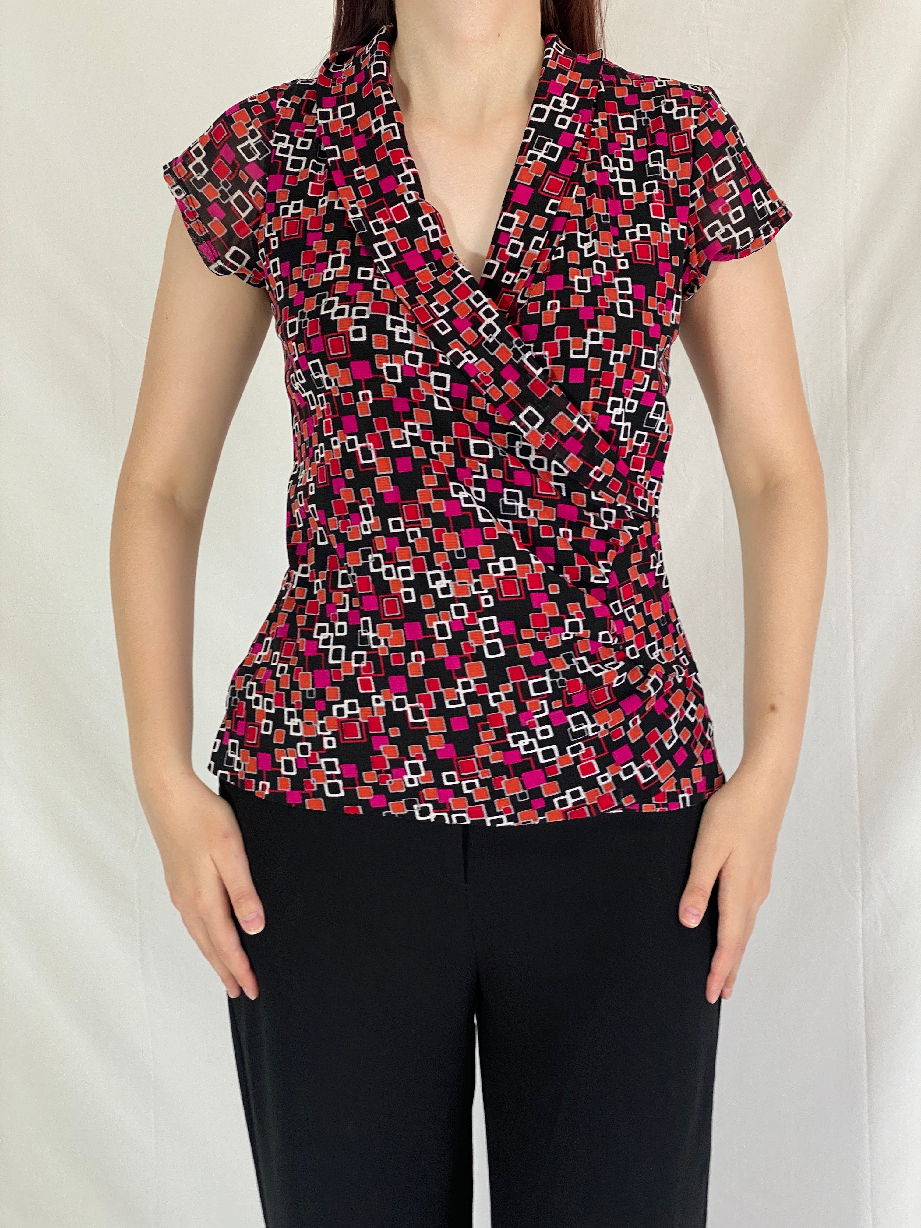 Y2K Marco Polo Ruched Wrap Waist Top Geometric Print Short Sleeve Blouse - M