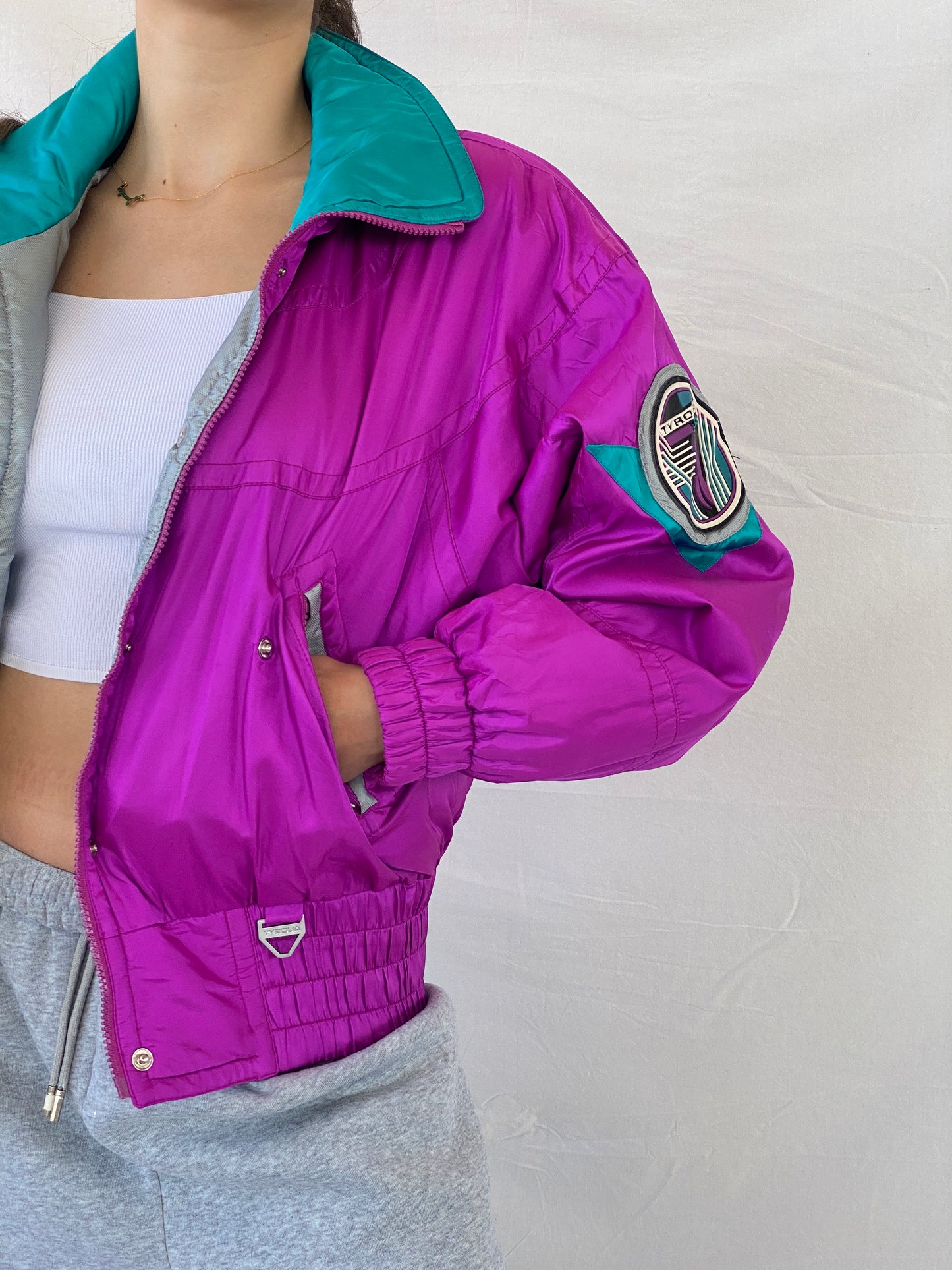 80s/90s TYROLIA Skiwear Pink and Green Ski Puffer Jacket - M