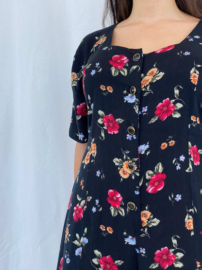 Vintage 90s Center Aisle Black Floral Short Playsuit Size L - Balagan Vintage Jumpsuit 90s, Aseel, floral, floral dress, floral print, NEW IN, summer