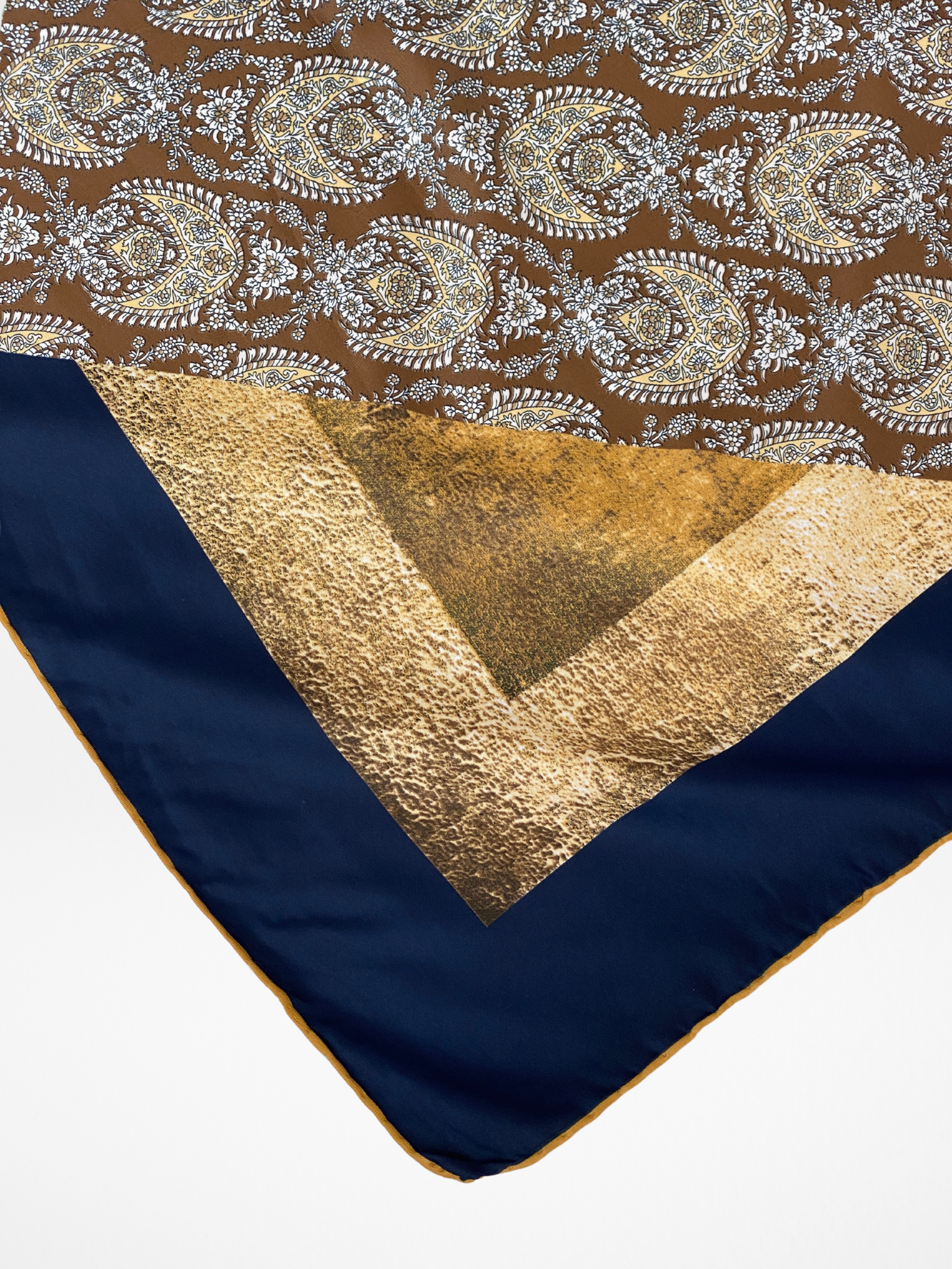 Vintage Tugee Patchwork Print Satin Navy Boho Square Scarf