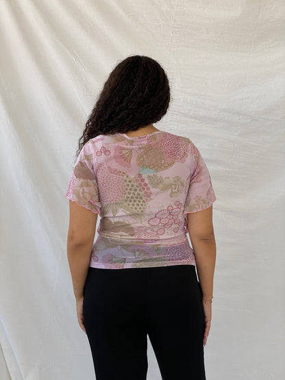 Y2K Wallis Floral Mesh Pink Half-Sleeve Top - L