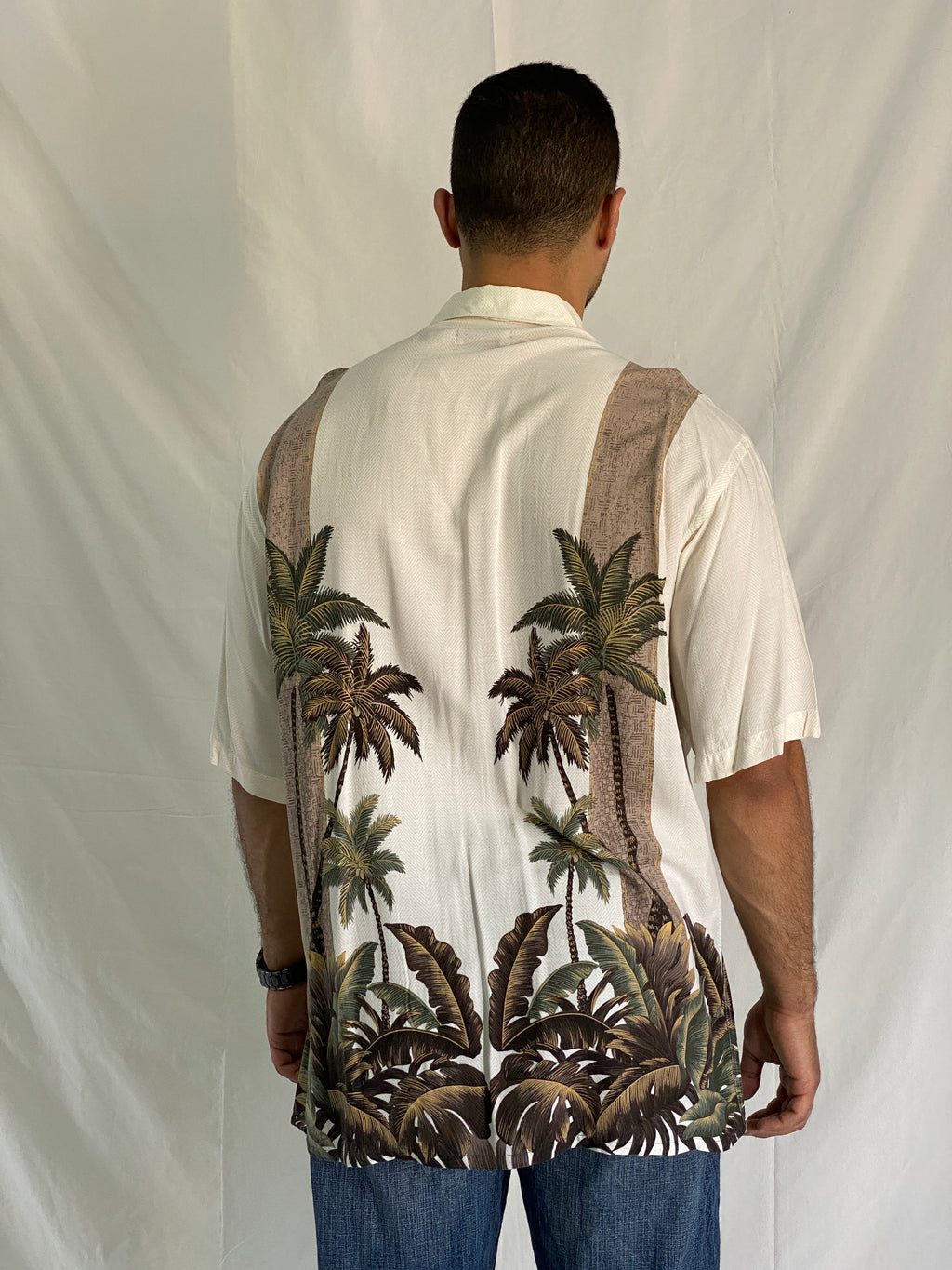 Vintage Hollis River Men’s Palm Tree Print Hawaiian Cream Short Sleeve Shirt - XL