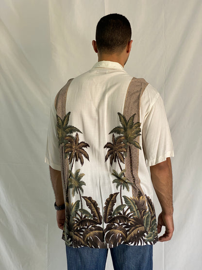 Vintage Hollis River Men’s Palm Tree Print Hawaiian Cream Short Sleeve Shirt - XL