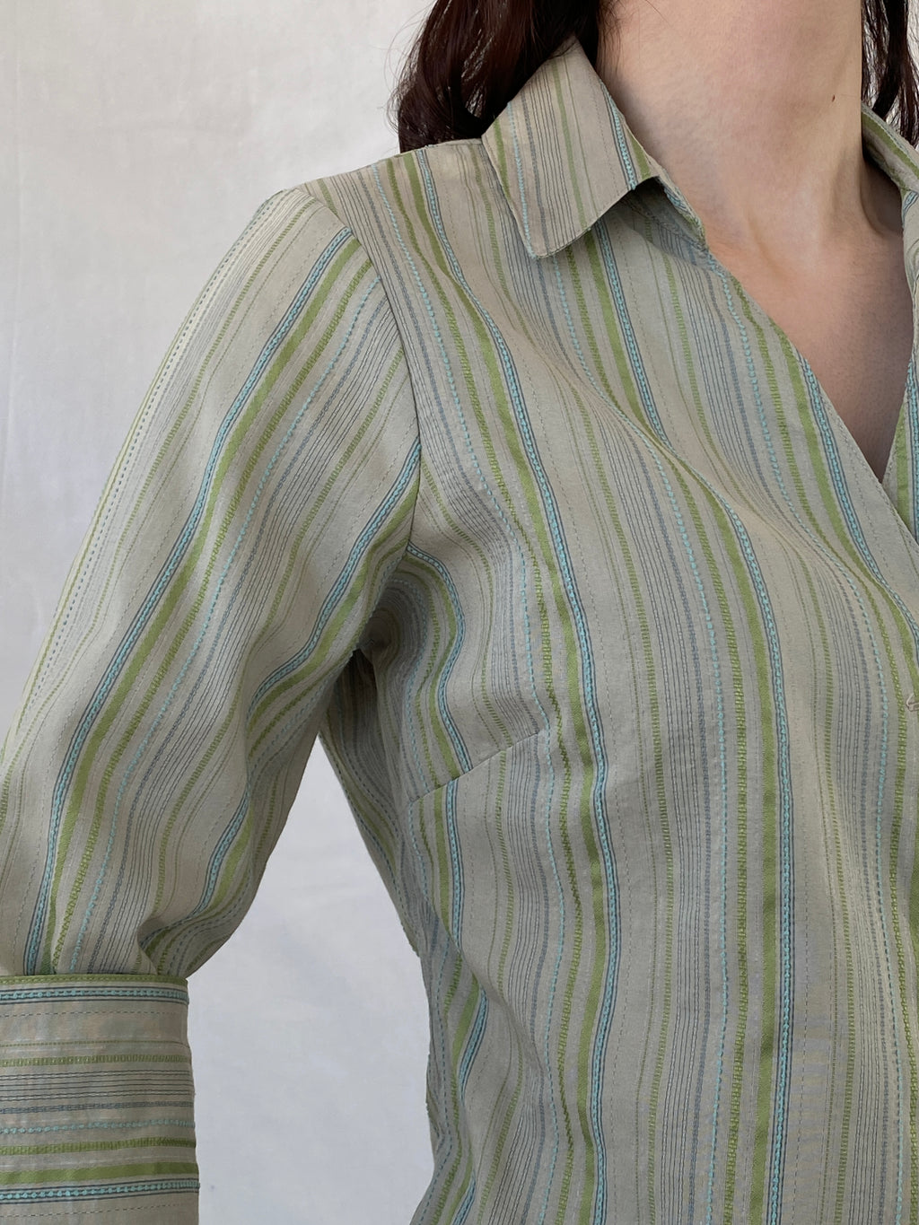 Y2K Kiabi Woman Office Core Green Striped Asymmetric Buttoned Shirt - M