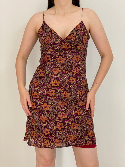 Vintage 90s Janette USA Burgundy Floral Paisley Slip Mini Dress – S