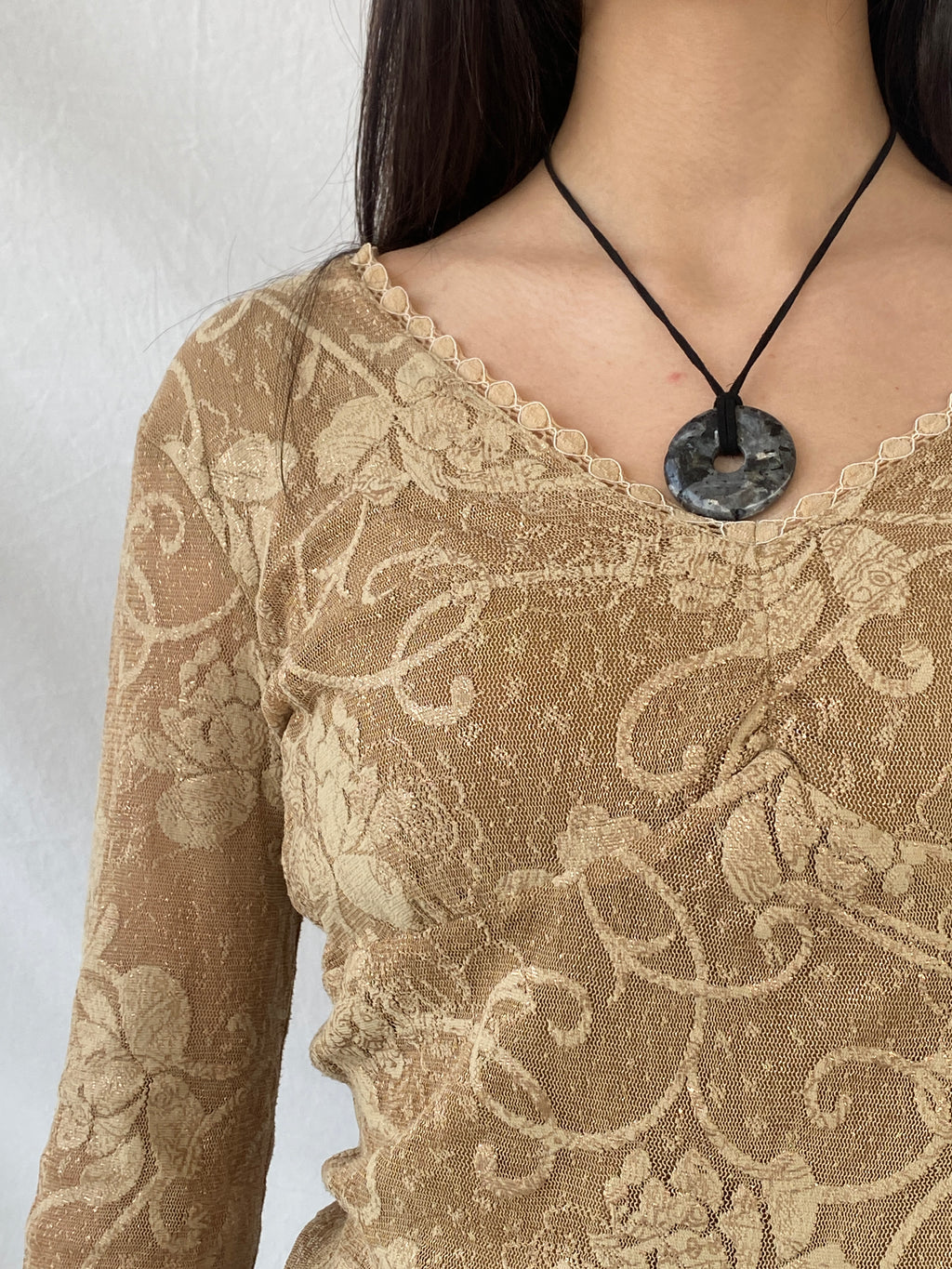 Vintage Gold Lace Women’s Long Sleeve Sheer Back Mesh Top - M