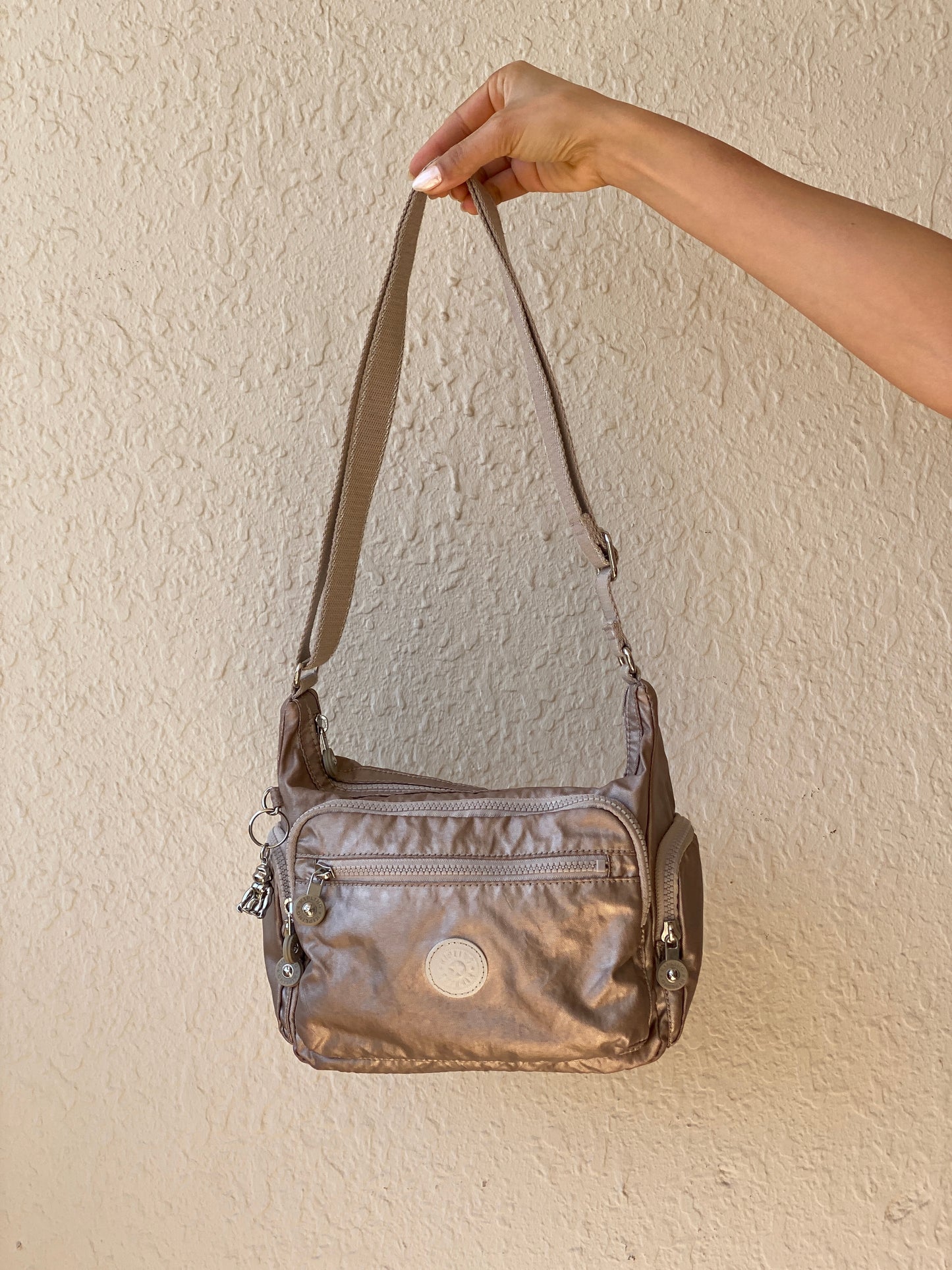 Y2K Kipling Metallic Taupe Nylon Multi-Pocket Crossbody Bag with Monkey Charm