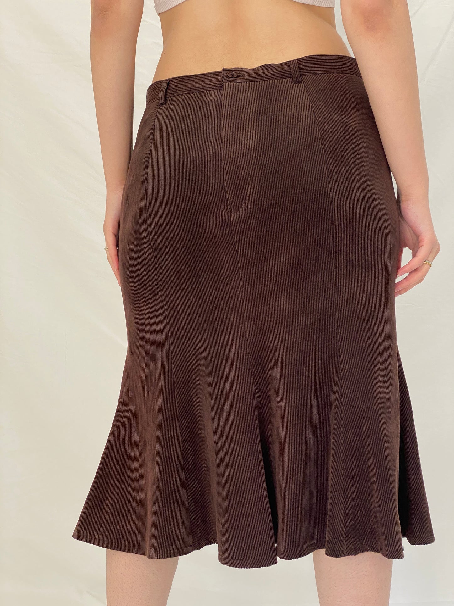 Vintage Late 90s Armani Brown Wool Corduroy A-Line Midi Skirt - L