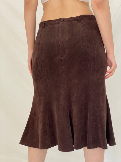 Vintage Late 90s Armani Brown Wool Corduroy A-Line Midi Skirt - L